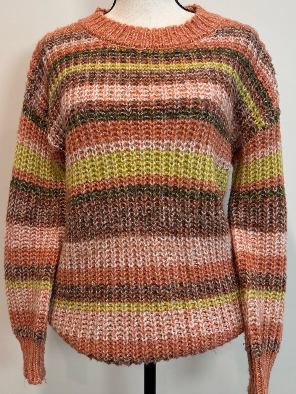 Chunky Striped Knit Sweater XS Balloon Sleeve Retro Boho Cottage Pullover